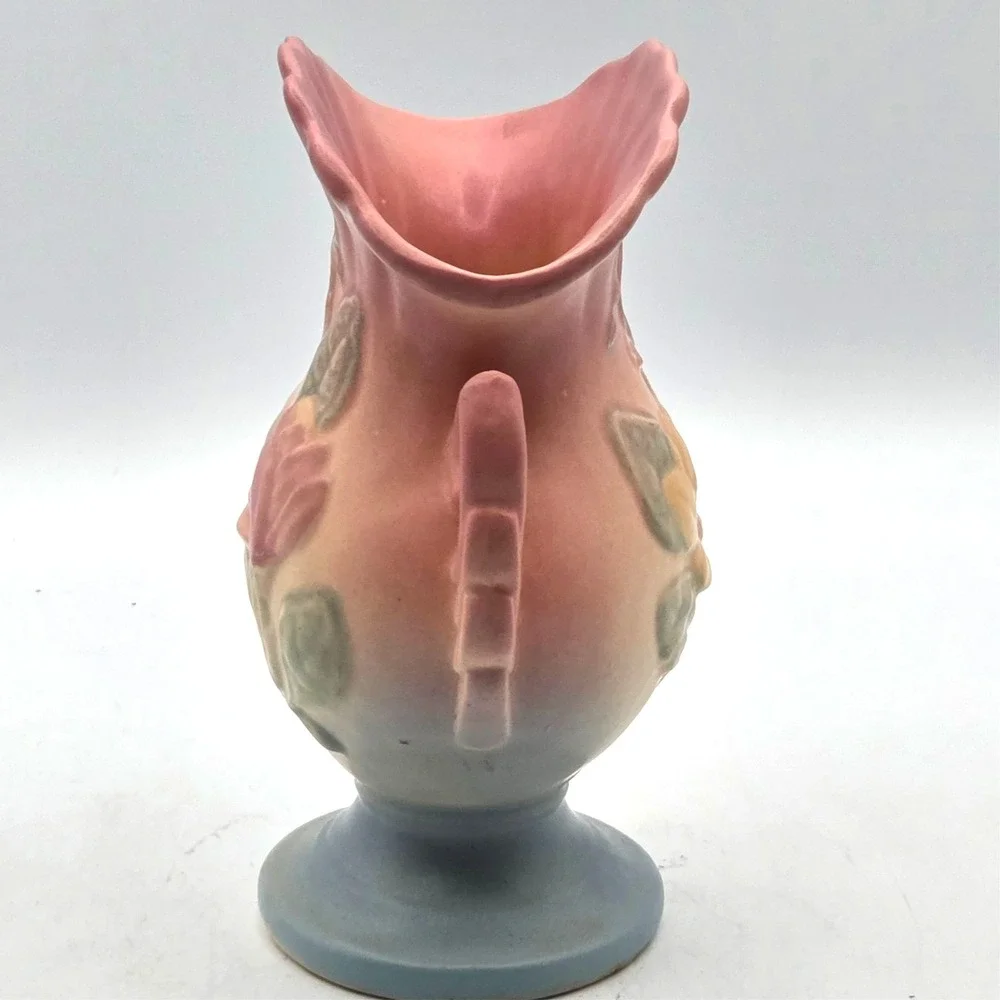Hull Art Pottery Magnolia‎ Vase Double Handles Pink Yellow Blue  7